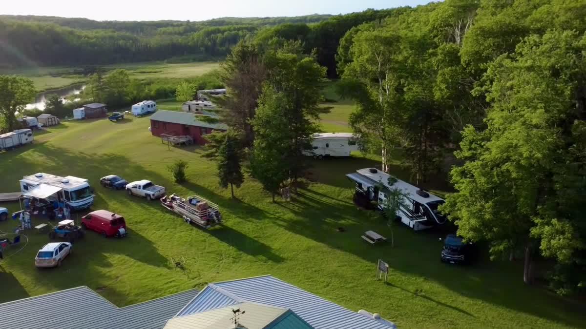 Actual aerial view of RV sites among the trees at Flying Eagle